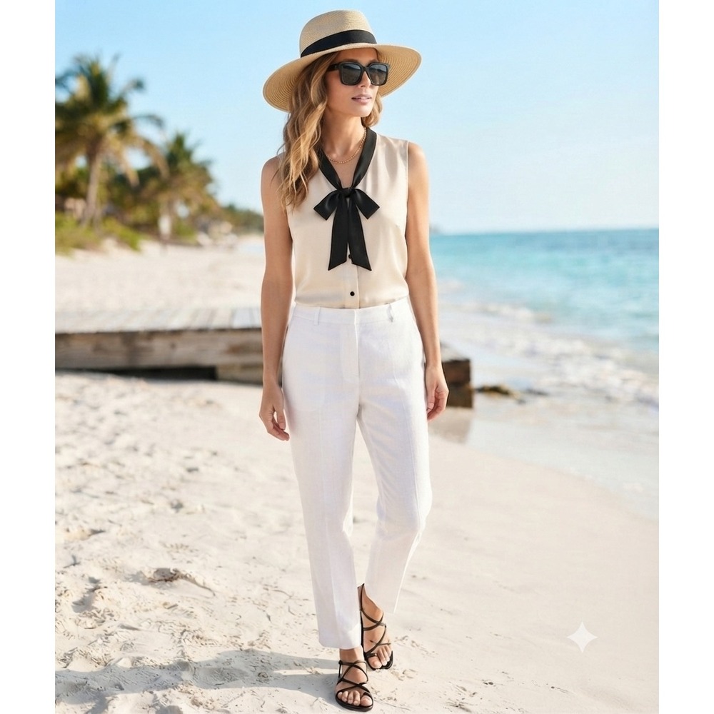 Anne Klein Sleeveless Tie Neck Blouse feminine White Black Trim Lg $79